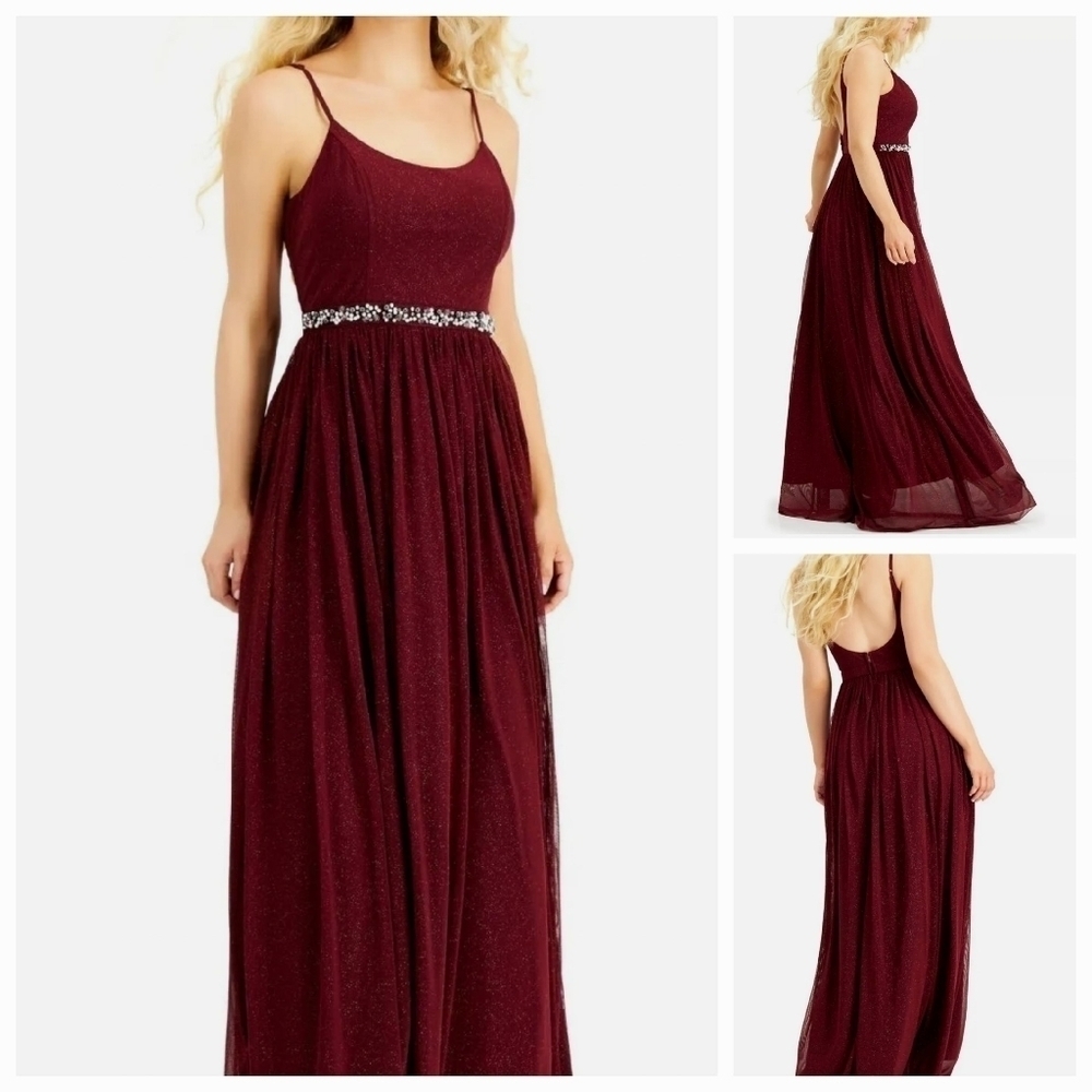 SPEECHLESS Burgundy Glitter Sheer Evening Gown Size 9 Beaded Flowing Faux pearl - Picture 6 of 17